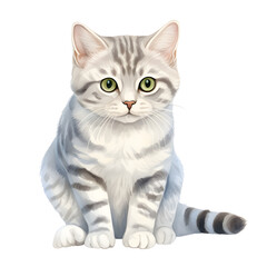 Cute grey tabby cat sitting on a white background, in the style of hyper-realistic animal illustrations