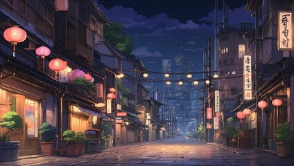 Fototapeta premium Retro Asian City Street at Night Illustration. Old Traditional Town with Anime Style Concept