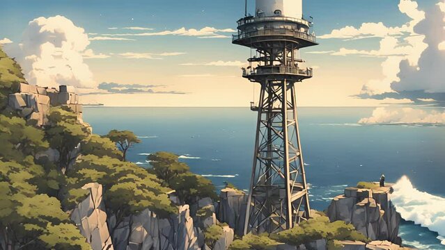 Perched rocky cliff overlooking ocean, Enigmatic Radio Tower stands beacon mystery eyes upon black white striped form stark contrast against blue sea, while recurrent 2d animation