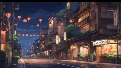 Anime Traditional Town. Night Old Asian City Illustration with Retro Style