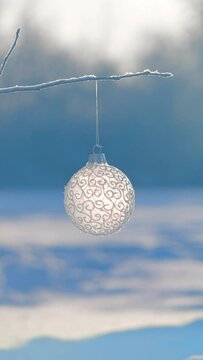Christmas ball on tree outdoors, creative photo, new year, christmas. Selective focus