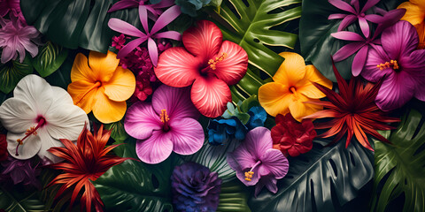   A colorful tropical floral wallpaper with a tropical flower background A beautiful different colorful flower and leaves, pam leaves background and wallpaper AI Generative     
  