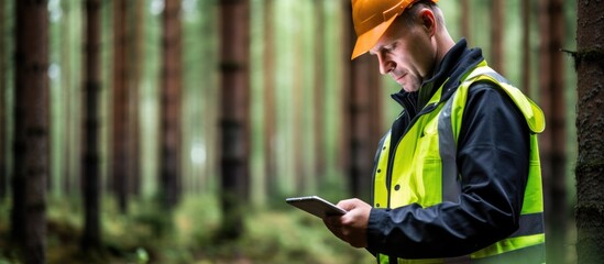 Forestry engineer assessing forests using a digital tablet in a wooded area.