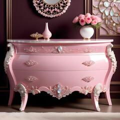 Pink hues, mother-of-pearl, and precious stones in delicate designs express natural beauty, extended to women's furniture for a mysterious, exquisite vibe.(Generative AI) 