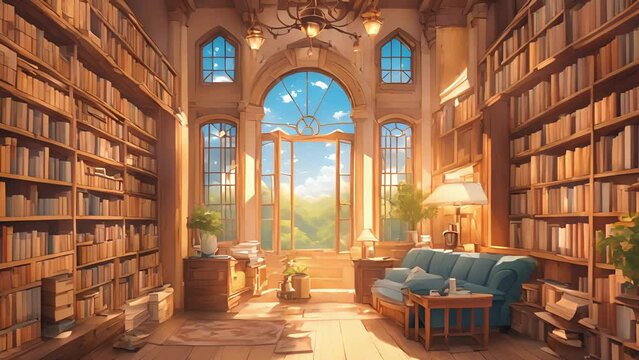 subtle breeze rustles pages forgotten novel, follow sound hidden alcove, discover secluded spot where time stands still this enchanting library. stream overlay animation