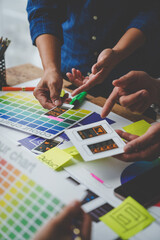 Web creative team Graphic designer planning for mobile phone choose color template draw app website...
