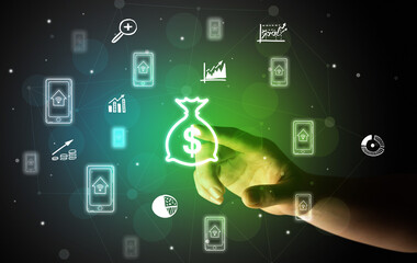 Businessman finger touching on screen multimedia interface with hand drawn currency icons
