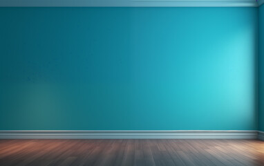 Empty room blue turquoise wall and wooden floor, Use for product presentation.

