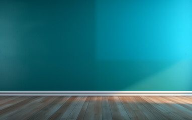 Empty room blue turquoise wall and wooden floor, Use for product presentation.
