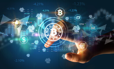 Business person hand pushing currency symbol on multimedia touch screen