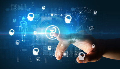 Doctor hand pressing futuristic health device with medical symbol on screen
