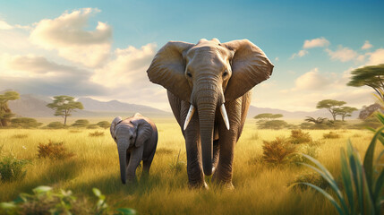 In a field, an adult elephant and a baby elephant roam together, enjoying their natural surroundings.