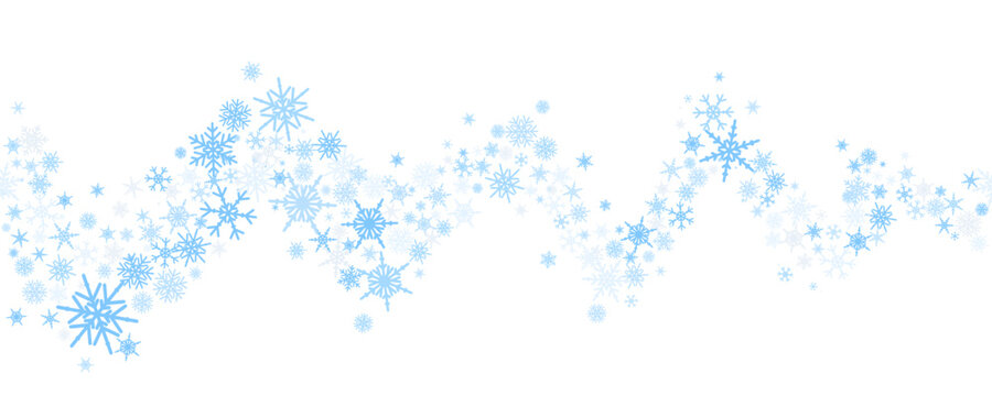 Snowflakes vector background. Winter holiday wavy decor with blue crystal elements. Graphic icy frame isolated on white backdrop.