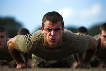Soldiers doing pushups in military boot camp, army training