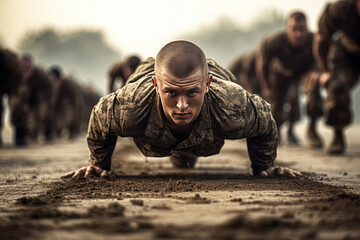 Soldiers doing pushups in military boot camp, army training