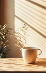 A solitary coffee cup sits on a wooden table in a sunlit room, with the soft shadows of plants dancing across the scene, inviting a moment of quiet reflection with a warm drink.