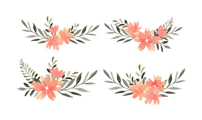 Fototapeta na wymiar Set of watercolor floral compositions of orange flowers and green foliage. Watercolor botanical illustration hand drawn. Use for wedding design, greeting cards, March 8, Mother's Day, invitations