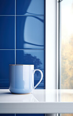 A ceramic blue mug rests on a sunlit windowsill, inviting a moment of relaxation with a warm beverage and a view.