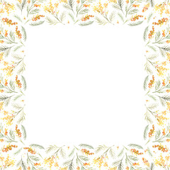 Watercolor floral square frame with beautiful yellow mimosa. Botanical illustration drawn by hand. Use for wedding design, greeting cards, March 8, Mother's Day, invitations, posters, logos.
