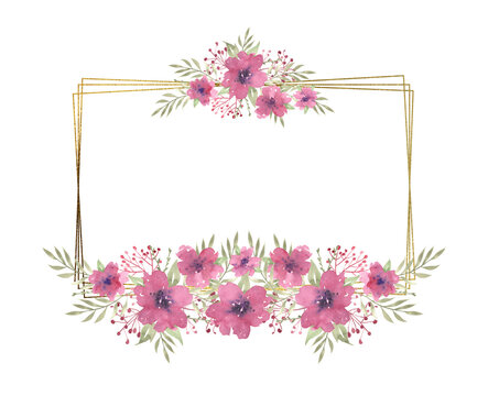 Watercolor floral rectangular frame with compositions of pink flowers and greenery, frame with gold texture. Hand drawn illustration of botanical template for greeting cards or wedding invitations