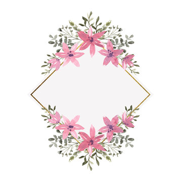 Watercolor floral frame in diamond shape with compositions of pink flowers and greenery, frame with gold texture. Hand drawn illustration of botanical template for greeting cards or wedding invitation