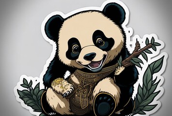 Panda illustration with bamboo, Digital drawing of a bamboo-eating panda, Whimsical panda art with...
