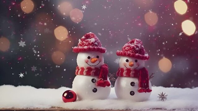 Christmas decorations with cute snowmen decorated with falling snow. seamless looping time-lapse virtual video animation background.generate with ai