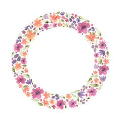 Watercolor floral round frame made of different flowers, green leaves and branches. Hand drawn illustration of botanical template for greeting cards or wedding invitations, mother's day, birthday