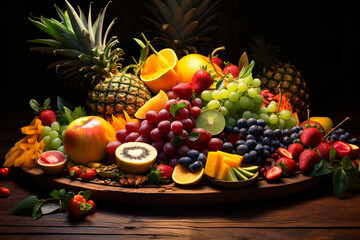 Fruits and Berries on Wooden Platter