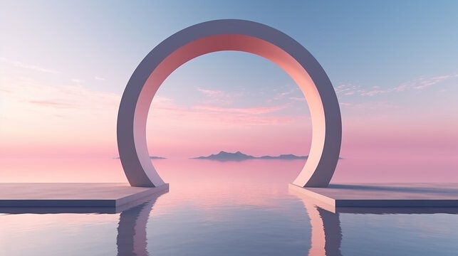 ender abstract zen seascape background nordic surreal scenery with geometric mirror arches calm water and pastel. 