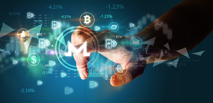 Business person hand pushing currency symbol on multimedia touch screen