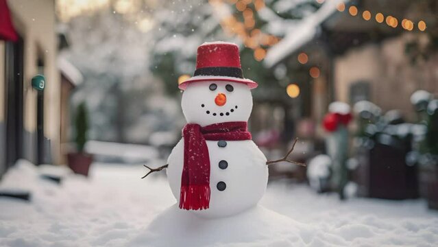 Christmas decorations with cute snowmen decorated with falling snow. seamless looping time-lapse virtual video animation background.generate with ai