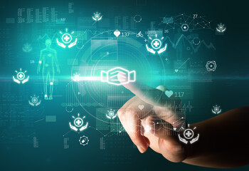 Doctor hand pressing futuristic health device with medical symbol on screen