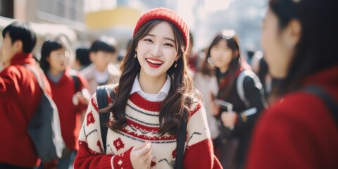 a woman smile in front of students in red and white sweaters, generative AI