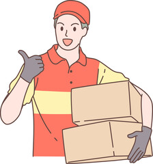 Illustration of delivery man, courier service holding box and pose thumb up characters. Hand drawn style.