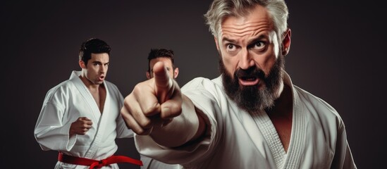 A coach with a beard teaches adults karate.