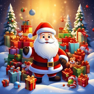 cute cartoon christamas santa claus surrounded by presents