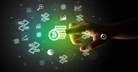 Businessman finger touching on screen multimedia interface with hand drawn currency icons