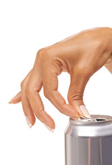 Hands, woman and open tin of soda, beer and fizzy cola beverage in studio on white background....