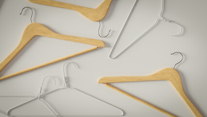 the background of several cloth hangers on the white floor, 3d rendering