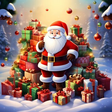 cute cartoon christamas santa claus surrounded by presents