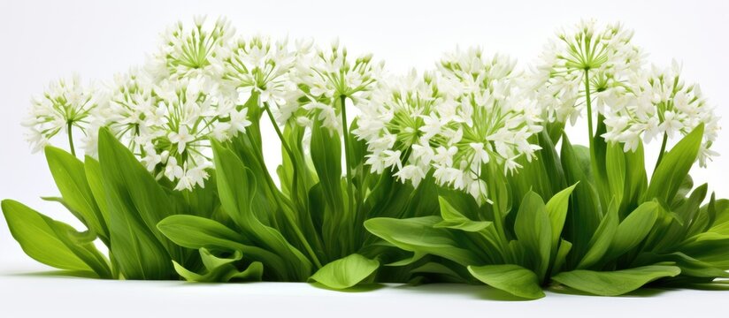 Wild garlic, also called ramson or cowleekes, grows in woodlands. Close-up of white-flowered wild herbs.
