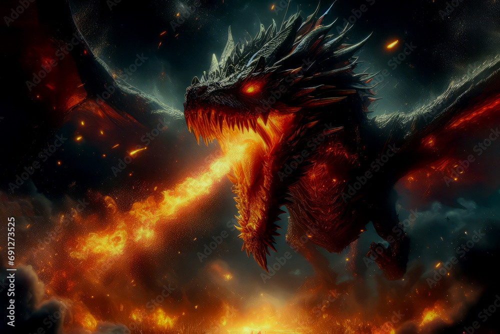 Poster fire breathes explode from a dark giant dragon in a black night