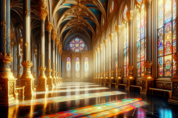 Fototapeta premium Majestic Palace Hall Interior. Fantasy Backdrop. Concept Art. Realistic Illustration. Video Game Background. Digital Painting. CG Artwork. Scenery Artwork