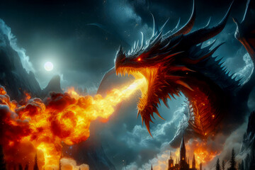 Fire breathes explode from a dark giant dragon in a black night - obrazy, fototapety, plakaty