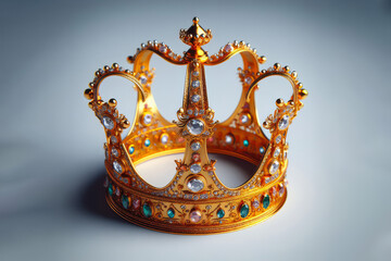 A king crown made of gold isolated on plain background. Decorated with colorful stones