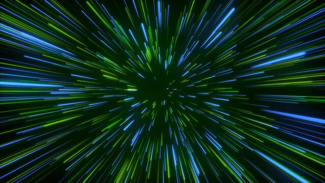 Seamless loop particle light zooming lines tunnel in space air on black background neon glow beam laser abstract 3D animation motion graphics visual effect colourful 4K blue green