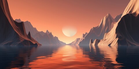 3d render, futuristic landscape with cliffs and water. Modern minimal abstract background. Spiritual zen wallpaper with sunset or sunrise light, Generative AI - obrazy, fototapety, plakaty