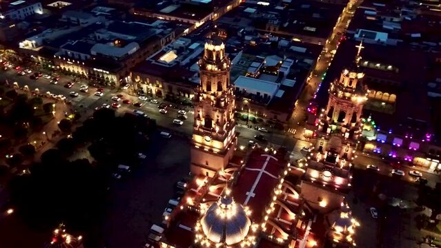 Done&acute;s flight over the cathedral of Morelia, Michoacan, Mexico