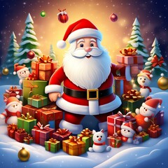 cute cartoon christamas santa claus surrounded by presents